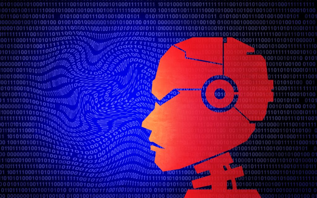 Evil Robot Concept and rogue AI risk as robots gone bad and Malicious code and computer malfunction or corrupt machine learning and dangerous artificial intelligence in a 3D illustration elements