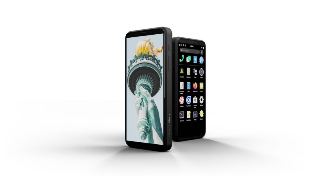 Two Liberty Phones side by side, one with a home screen, the other with a photo of the Statue of Liberty&apos;s torch