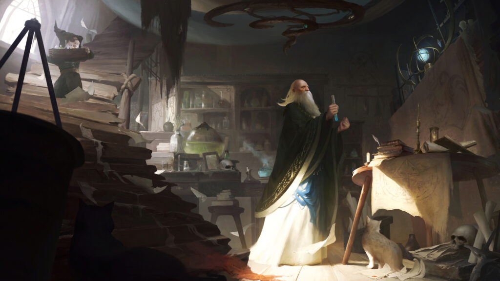 Striking fantasy scene; a wizard