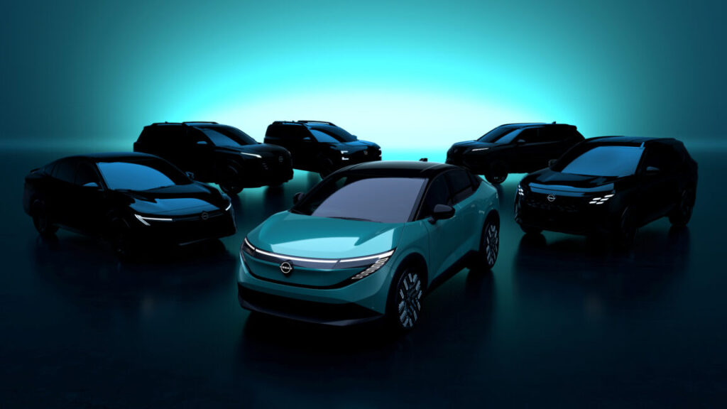 A Nissan Leaf surrounded by other Nissan concepts that are in shadow