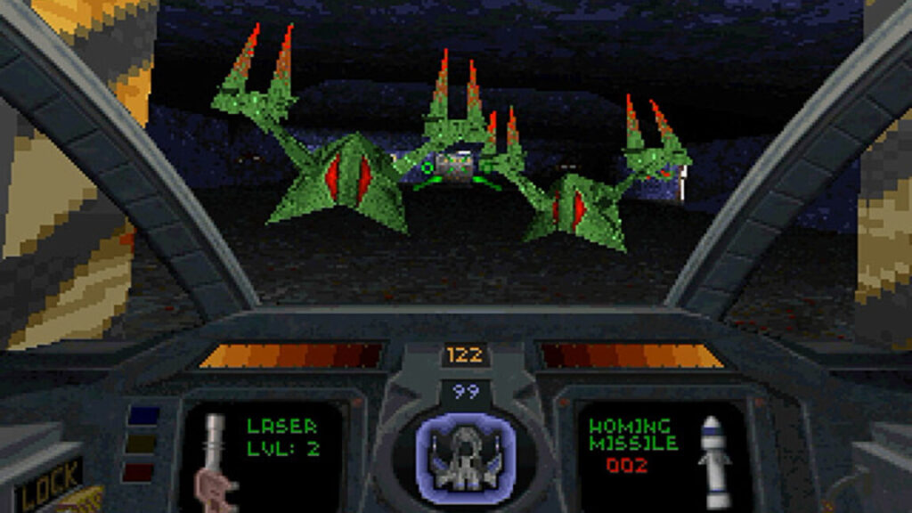 Two green robots attack the player