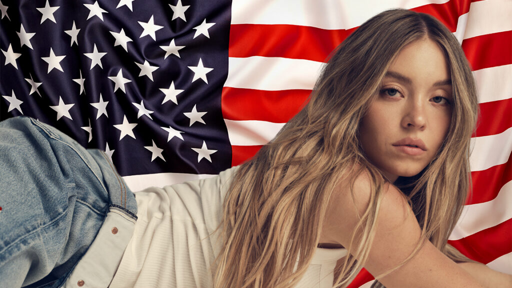 American Eagle ad, a woman and the USA flag