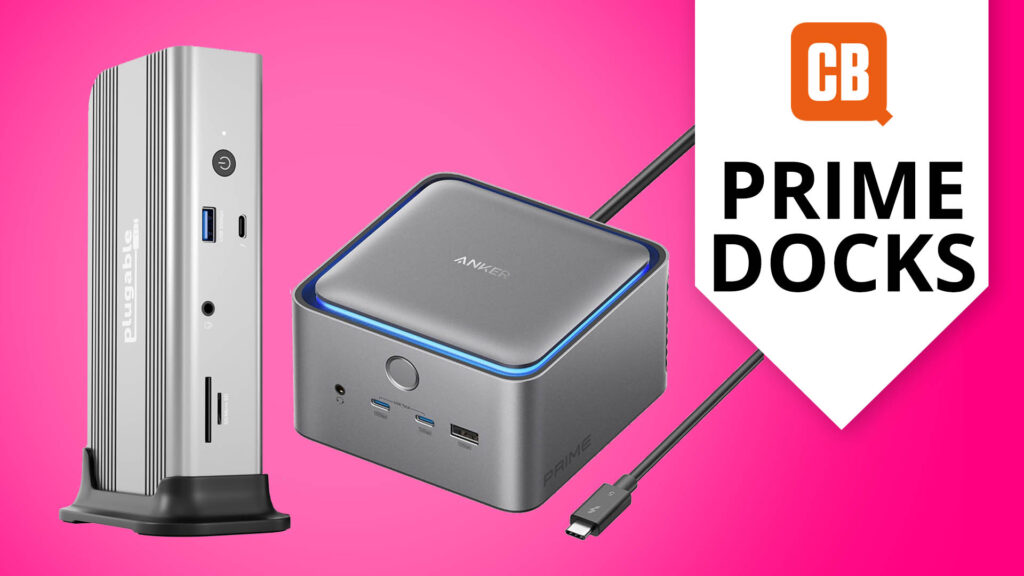 Two MacBook Prime Day docking station deals on a pink background