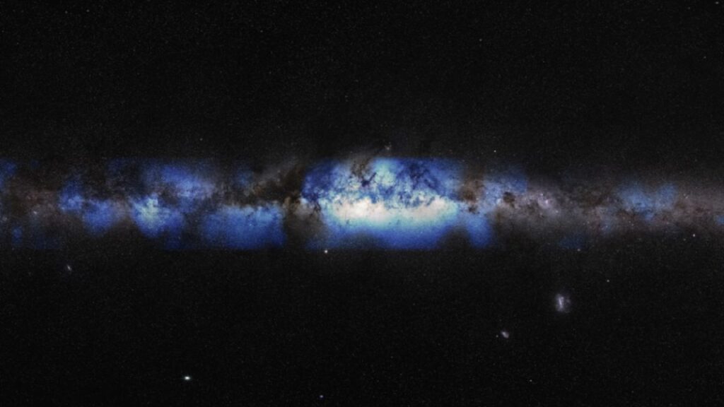 An artist’s composition of the Milky Way seen with a neutrino lens (blue).