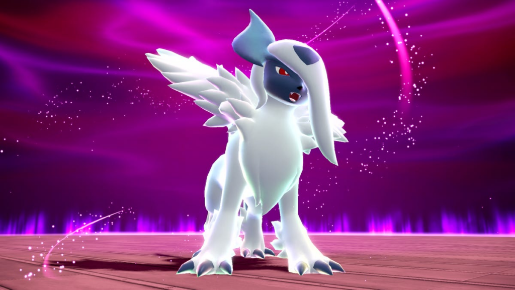An in-game screenshot of a Pokemon that&apos;s been Mega Evolved,, with whirls of power standing before a purple background.