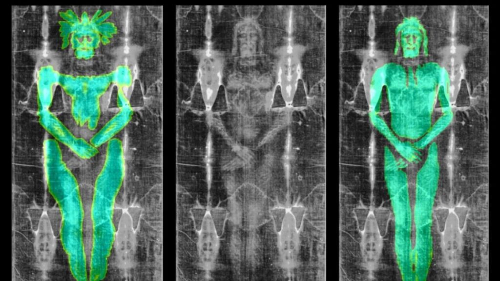 The virtual contact pattern of a 3D body (left) and a bas-relief (right) layered on top of the real Shroud of Turin (center).