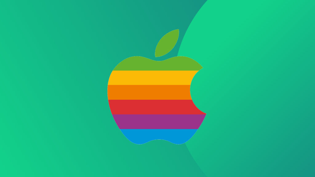 The colour Apple logo on a green background.