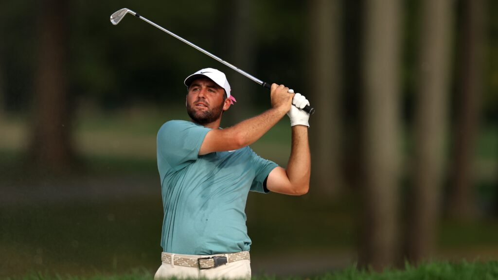 Scottie Scheffler of the United States plays a second shot on the 16th hole during the final round of the BMW Championship 2025 at Caves Valley Golf Club on August 17, 2025 in Owings Mills, Maryland.
