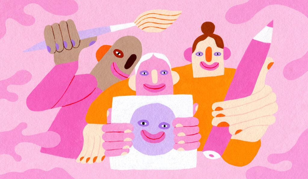 illustration of young designers armed with a paintbrush pencil and drawing