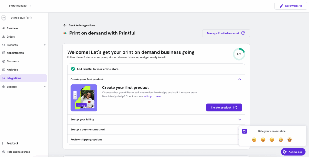 screenshot of Hostinger website builder Printful plugin
