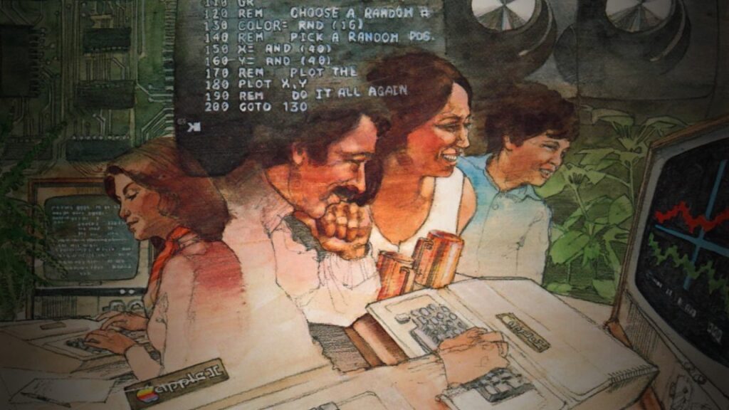 Part of the cover illustration from "The Applesoft Tutorial" BASIC manual that shipped with the Apple II computer starting in 1981.