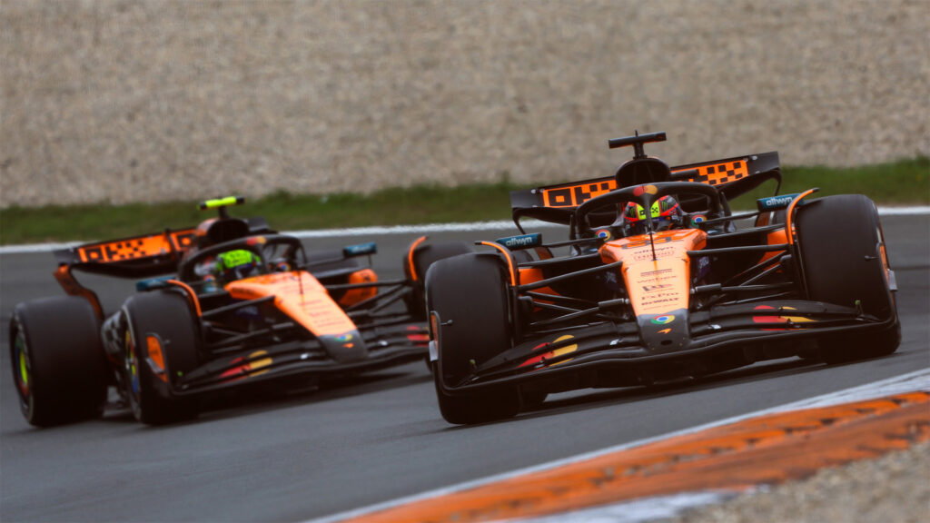 Oscar Piastri leads McLaren teammate Lando Norris around a corner during the 2025 Dutch Grand Prix.