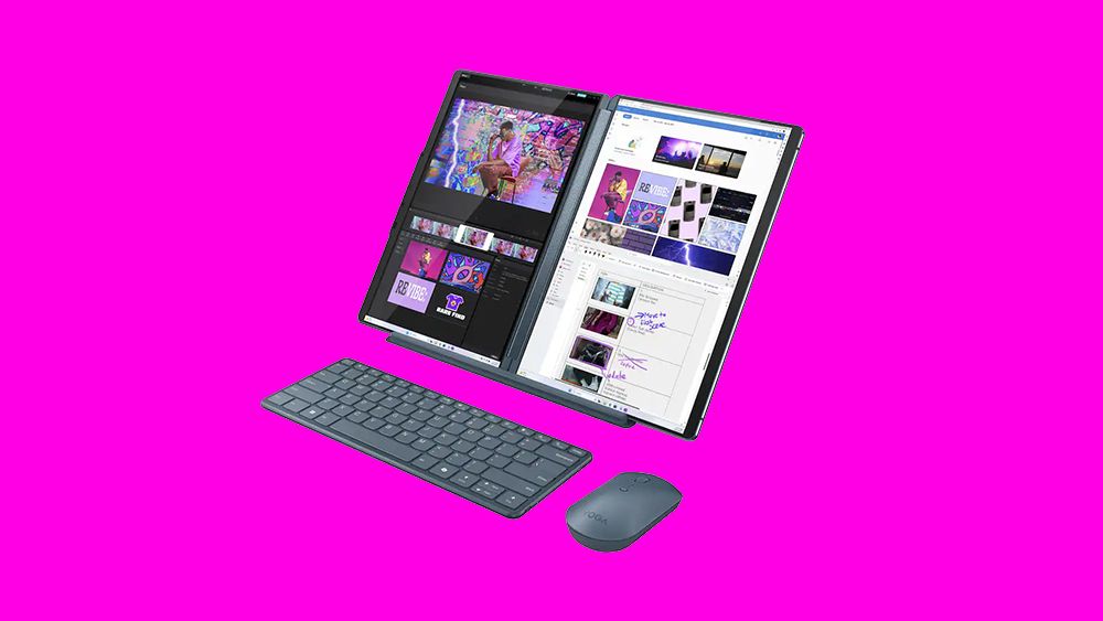 Lenovo’s “Swiss Army Knife of laptops” just got a massive $500 price drop Product shot of Lenovo Yoga Book 9i on a magenta background