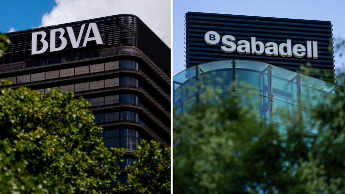 Spain’s BBVA fails in hostile bid for Sabadell The BBVA and Sabadell logos on the facades of their respective headquarters, partially obscured by trees.