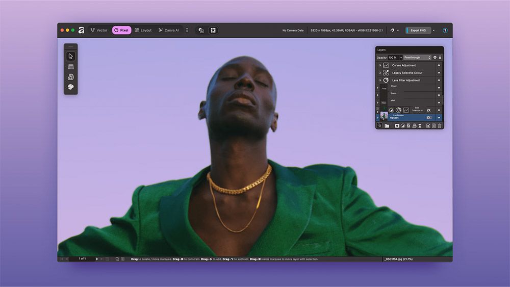 Free Affinity app sparks huge debate among artists and designers Canva Affinity app interface on a purple background with an image showing a black model posing