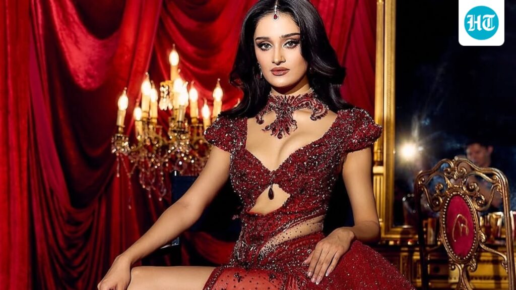 India’s Manika Vishwakarma glides like a dream in stunning red gown with maang tika during Miss Universe prelims. Watch