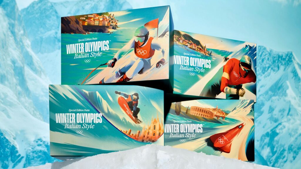 New Olympic Rings Pasta boxes are a thing of beauty Winter Olympics Olympic pasta shaped ring boxes with illustrations of winter sports on them