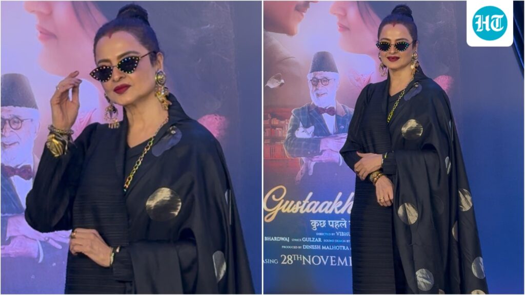 Rekha wows at 71 in striking black saree-jacket look, leaves fans amazed as she wears sindoor at Gustaakh Ishq screening